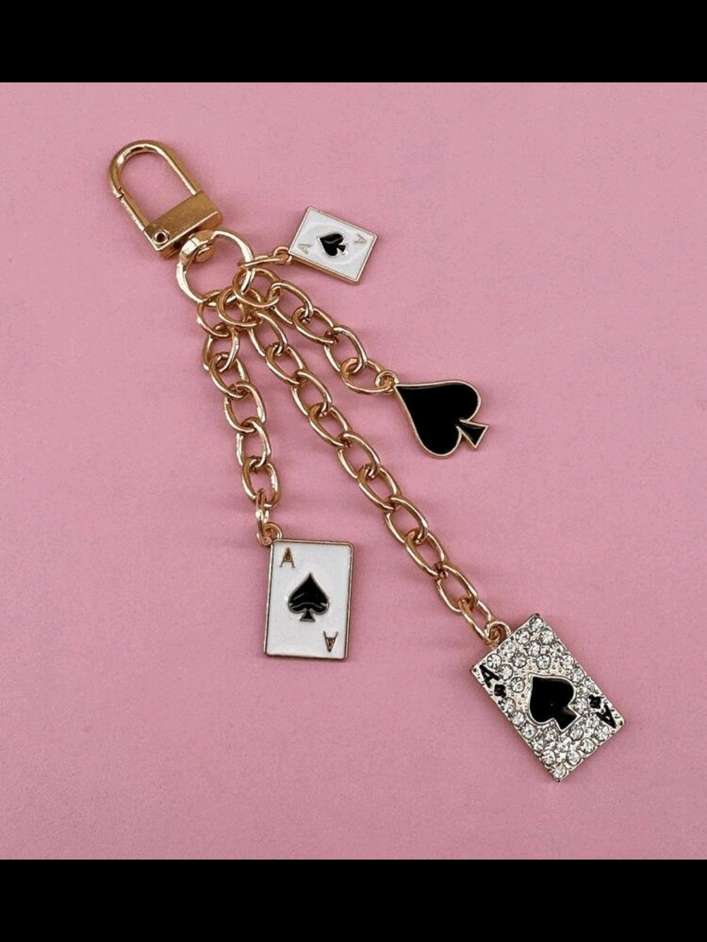 Gold Tone Spade & Playing Card Charm Keychain